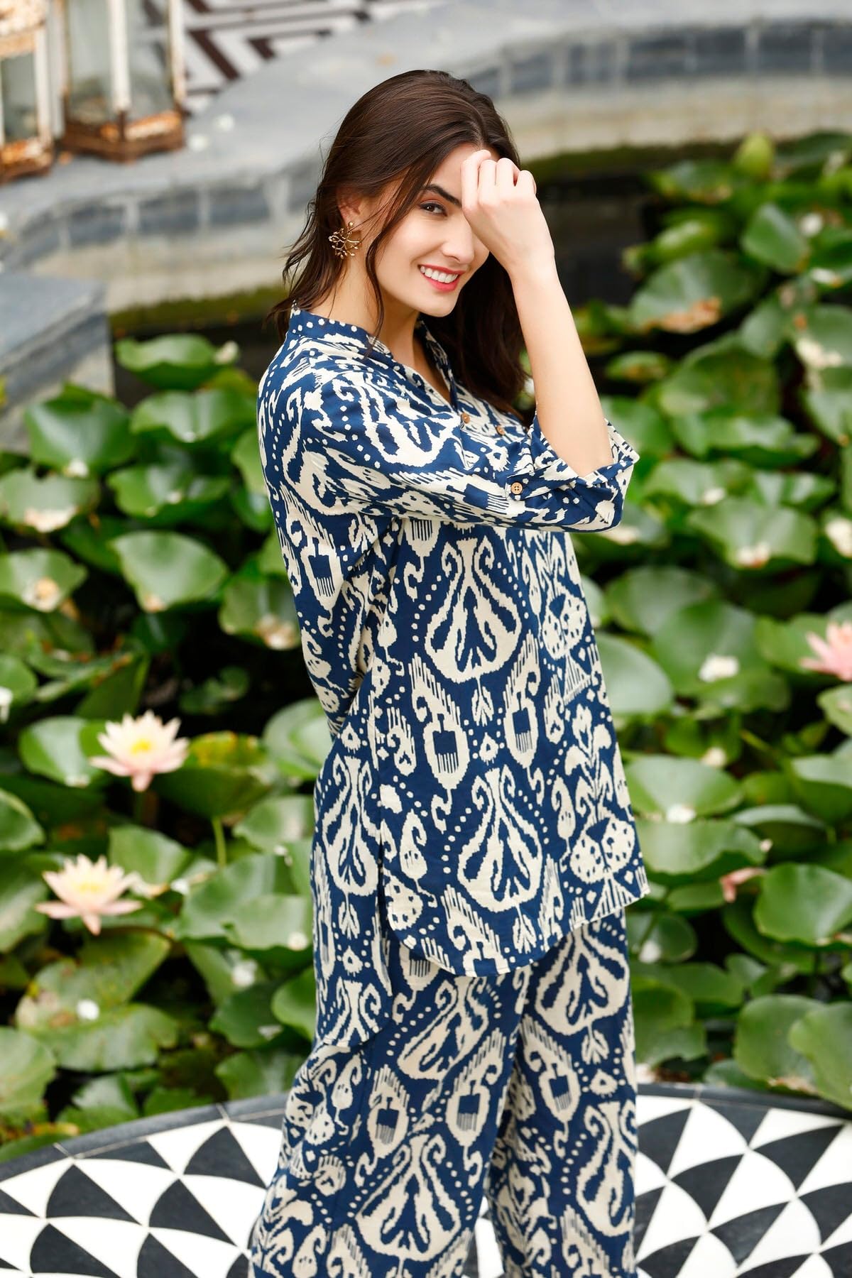 Anni Designer Women'S Cotton Blend Mid Thigh Printed Co-Ord Set (J111 Blue Co-Ord_L_Blue_Large),Blue,L,Cotton Blend,J111_1492,Pant