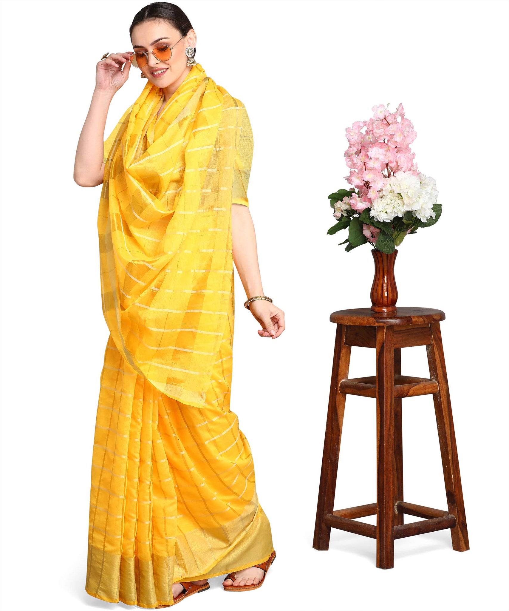 Gosriki Women'S Cotton Striped Printed Saree With Blouse Piece (Yellow),Yellow,,B08XW32HB8