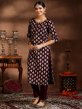 Libas Womens Printed Silk Blend Straight Kurta With Trousers And Dupatta Burgundy S 39080B
