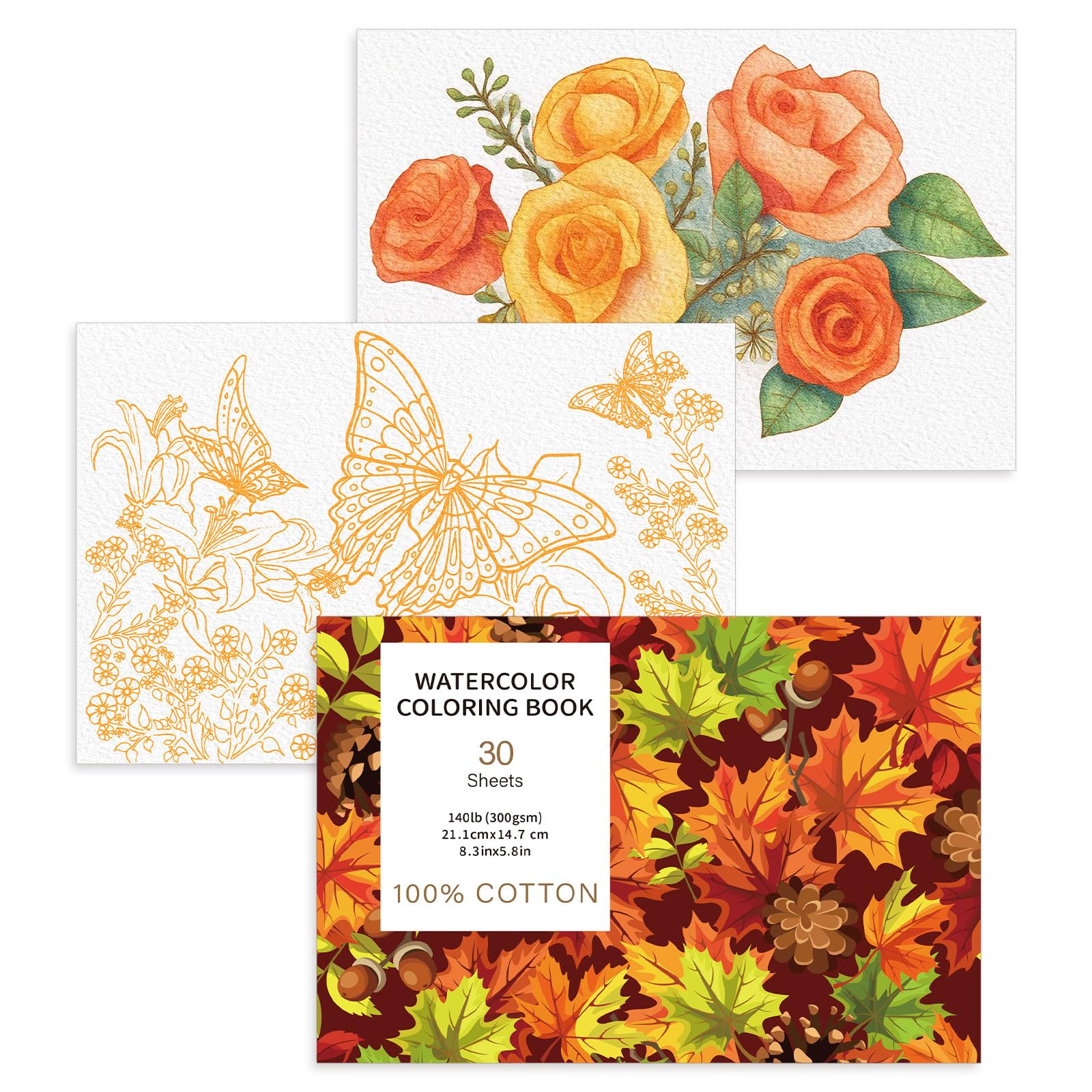 30 Sheets Watercolor Coloring Book, A5 (8.3 x 5.8) Watercolor Workbook, 140 lb/300 GSM Flower Water Color Book for Adults, Creat