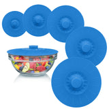 Silicone Bowl Lids Blue Set of 5 Reusable Suction Seal Covers for Bowls, Pots, Cups. Food Safe. Natural grip, interlocking handl