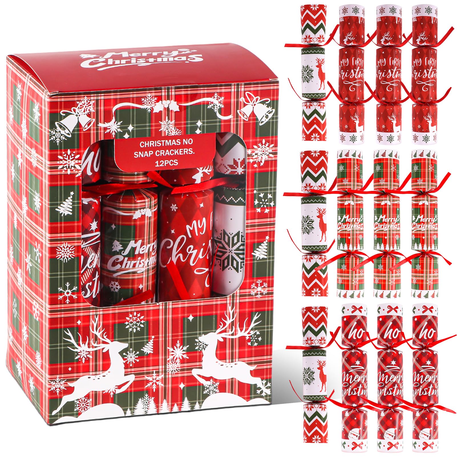 Atonofun 12 Pack Christmas No-Snap Party Table Favors with Christmas Character Design, with Party Hat, Joke Little Gift Inside, 