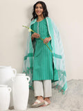 Libas Womens Woven Design Cotton Blend Straight Kurta With Trousers And Dupatta Teal M