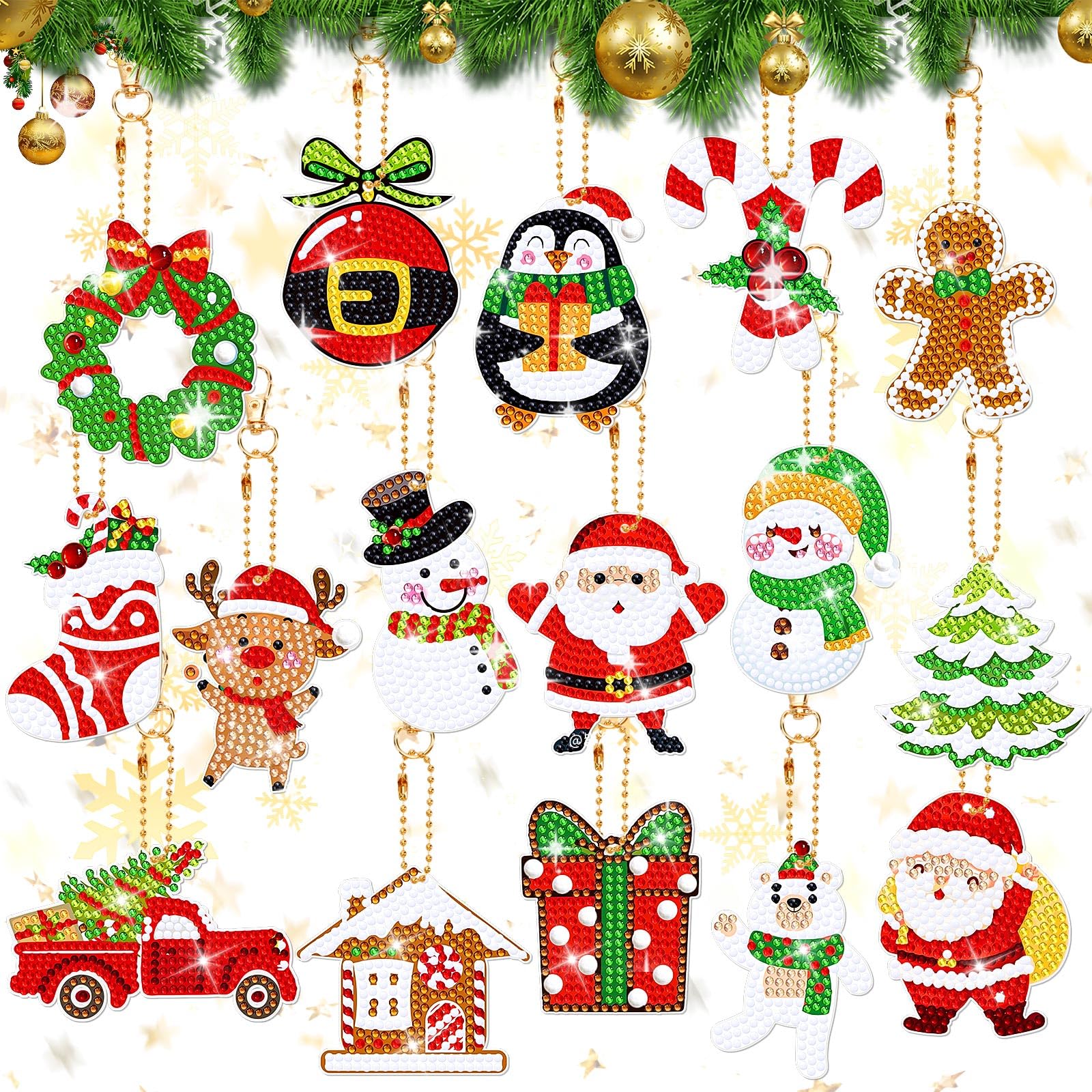 Kaiolbly 16Pcs Christmas Art Painting Keychain Kits 5D DIY Diamond Key Chain Hanging Ornaments Tags Tree Decor Handmade Xmas Dia
