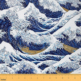 Japanese Wave Fabric By The Yard Cartoon Ocean Upholstery Fabric Fishing Boat Nautical Outdoor Fabric for Quilting Splash Spray 