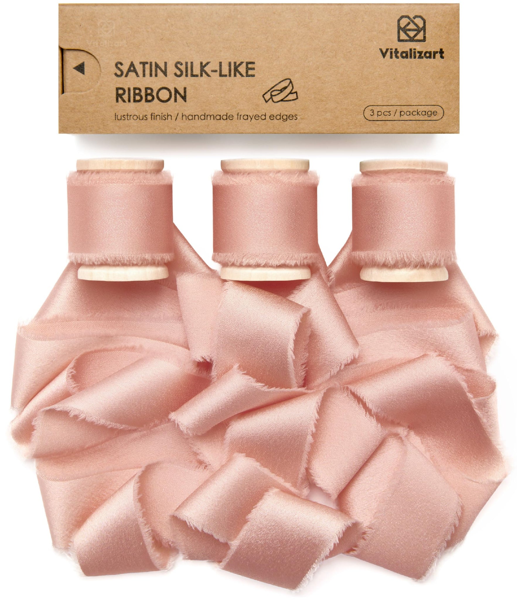 Vitalizart Pink Silk Satin Ribbon 1 Inch x 15 Yard Wooden Spool Handmade Frayed Ribbon for Gift Wrapping Baby Shower Wedding Bri