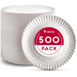 9-Inch Disposable Paper Plates - 500 Count - Bulk Pack of Uncoated Paper Plates for Everyday Use - Dinnerware for Meals, Parties