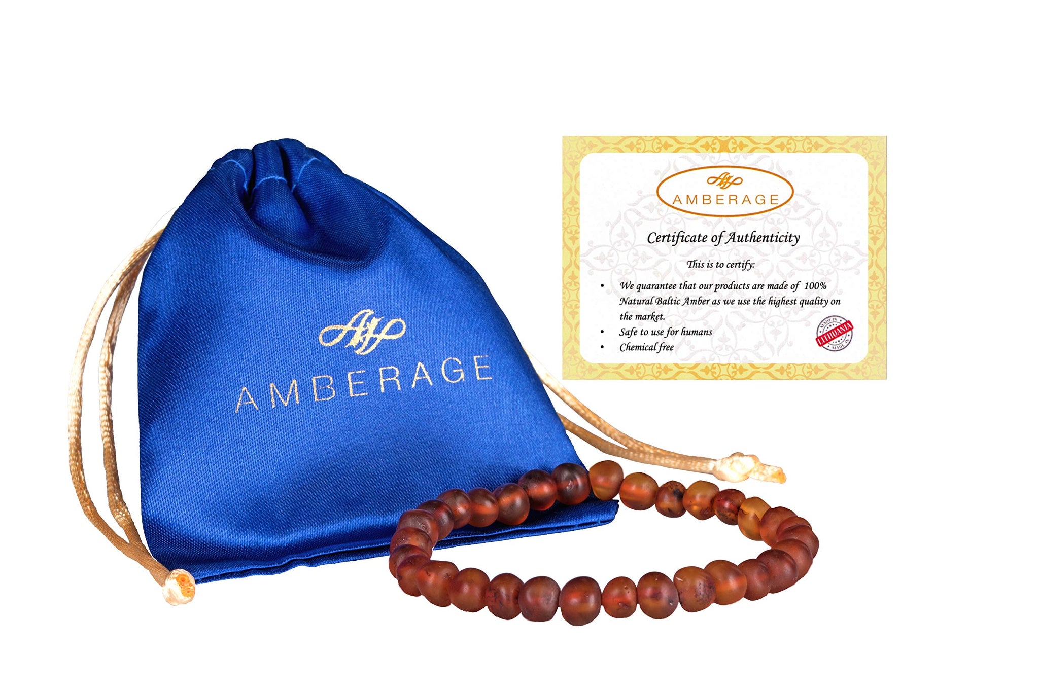 AMBERAGE Natural Baltic Amber Bracelet for Adults (Women/Men) - Hand made From Raw-Unpolished/Certified Baltic Amber Beads(6 Col