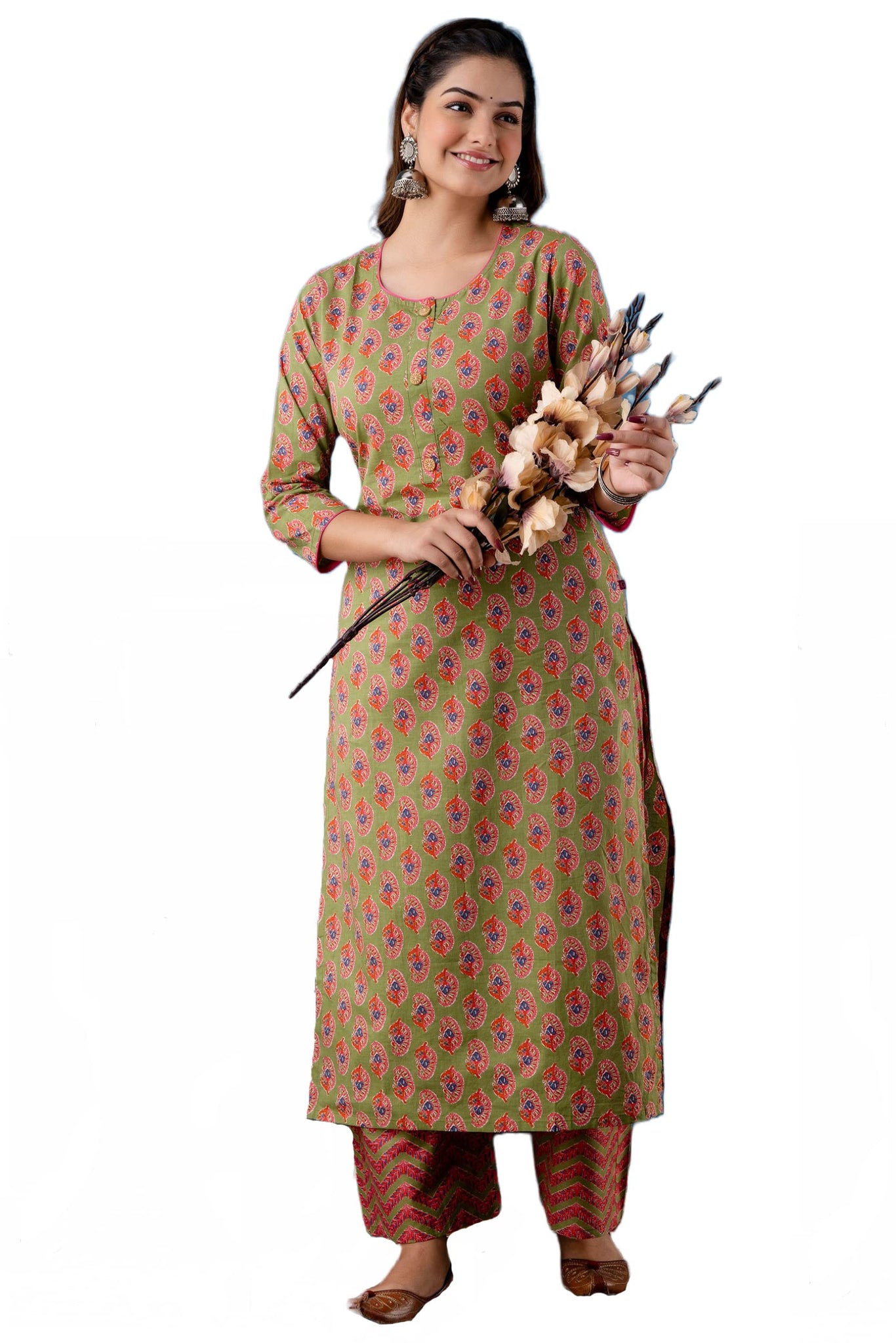 Anni Designer Women'S Cotton Blend Traditional Straight Printed Kurta And Palazzo Set (Bhadra Green Nw_Xxl_Green_Xx-Large),Green,2XL