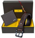 Urban Forest Men Rakhi Gift Hamper For Brother Classic Dark Brown Leather Wallet, Casual Brown Leather Belt And Rakhi Combo Gi