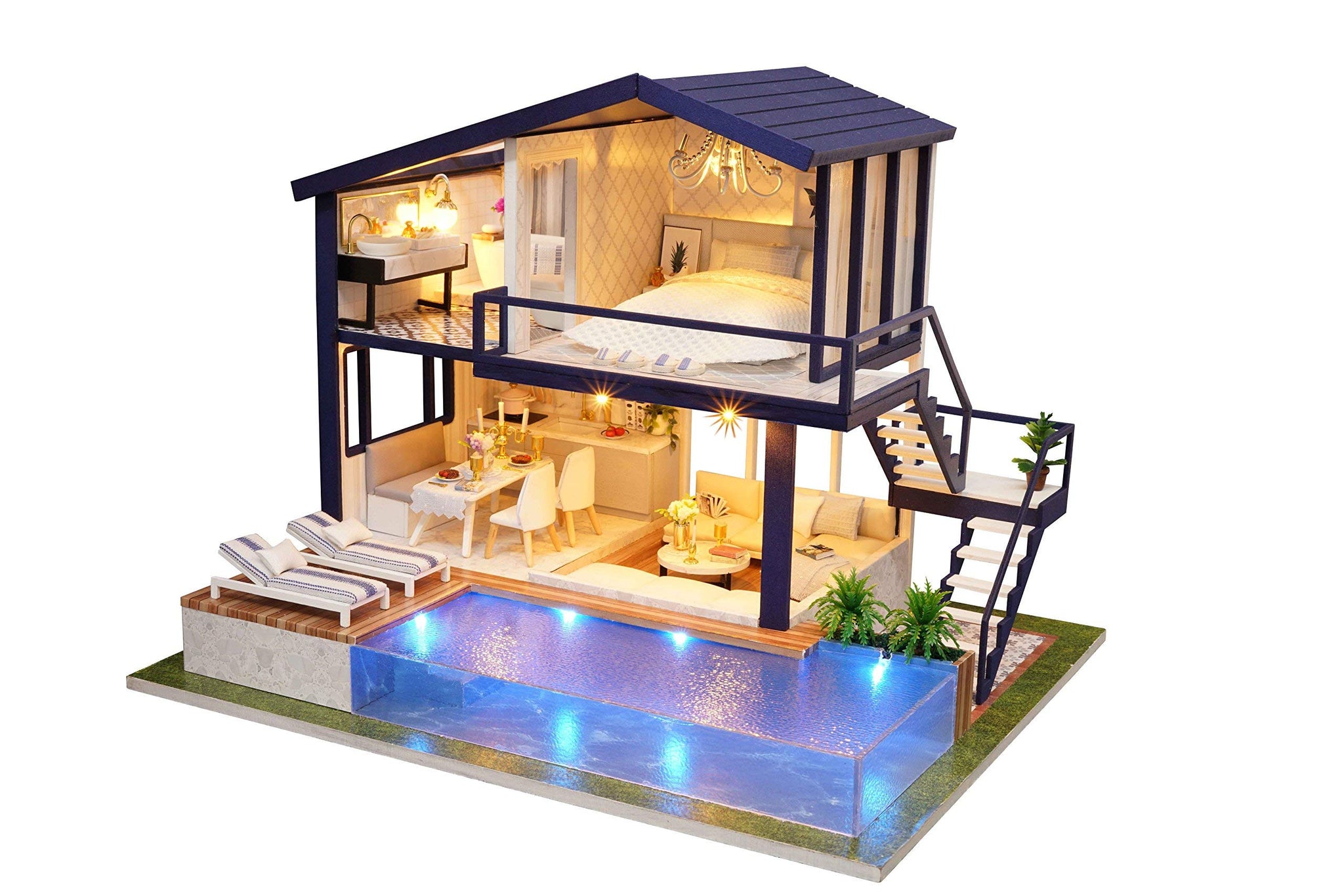 CUTEROOM Dollhouse Miniature with Furniture, 3D Wooden Miniature Doll House with Music Box & LED Lights,1:24 Scale DIY House Kit