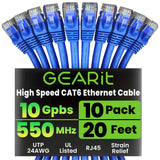 GearIT Cat 6 Ethernet Cable (10-Pack 20 Feet) Cat6 Network Patch, 10Gbps, RJ45, Snagless Cord, Gold-Plated Connectors, Internet 