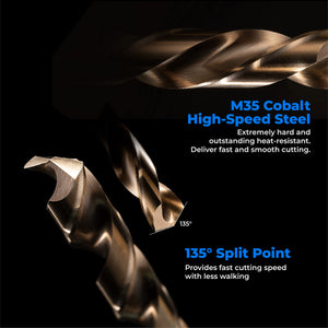 amoolo 1/8 inch Cobalt Drill Bits(10Pcs), M35 HSS Metal Jobber Length Twist Drill Bit Set for Hard Metal, Stainless Steel