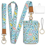 Dinosaur Lanyard Wallet with ID Badge Holder, Cute Floral Small RFID Wallet Women Keychain Wristlet, Slim Credit Card Holder wit