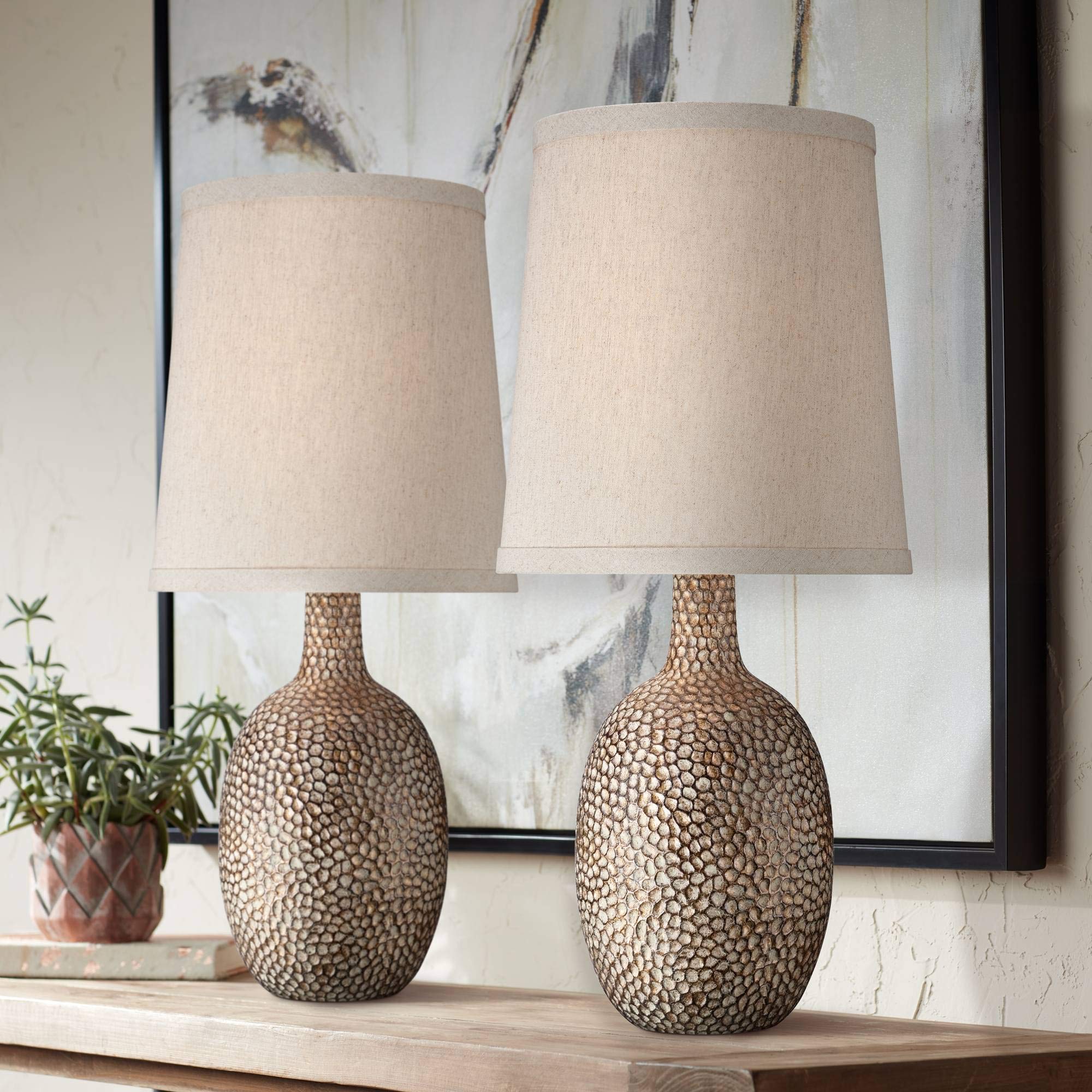 360 Lighting Chalane Rustic Farmhouse Accent Table Lamps 23 1/2 Tall Set of 2 Antique Bronze Hammered Textured Natural Linen Sha