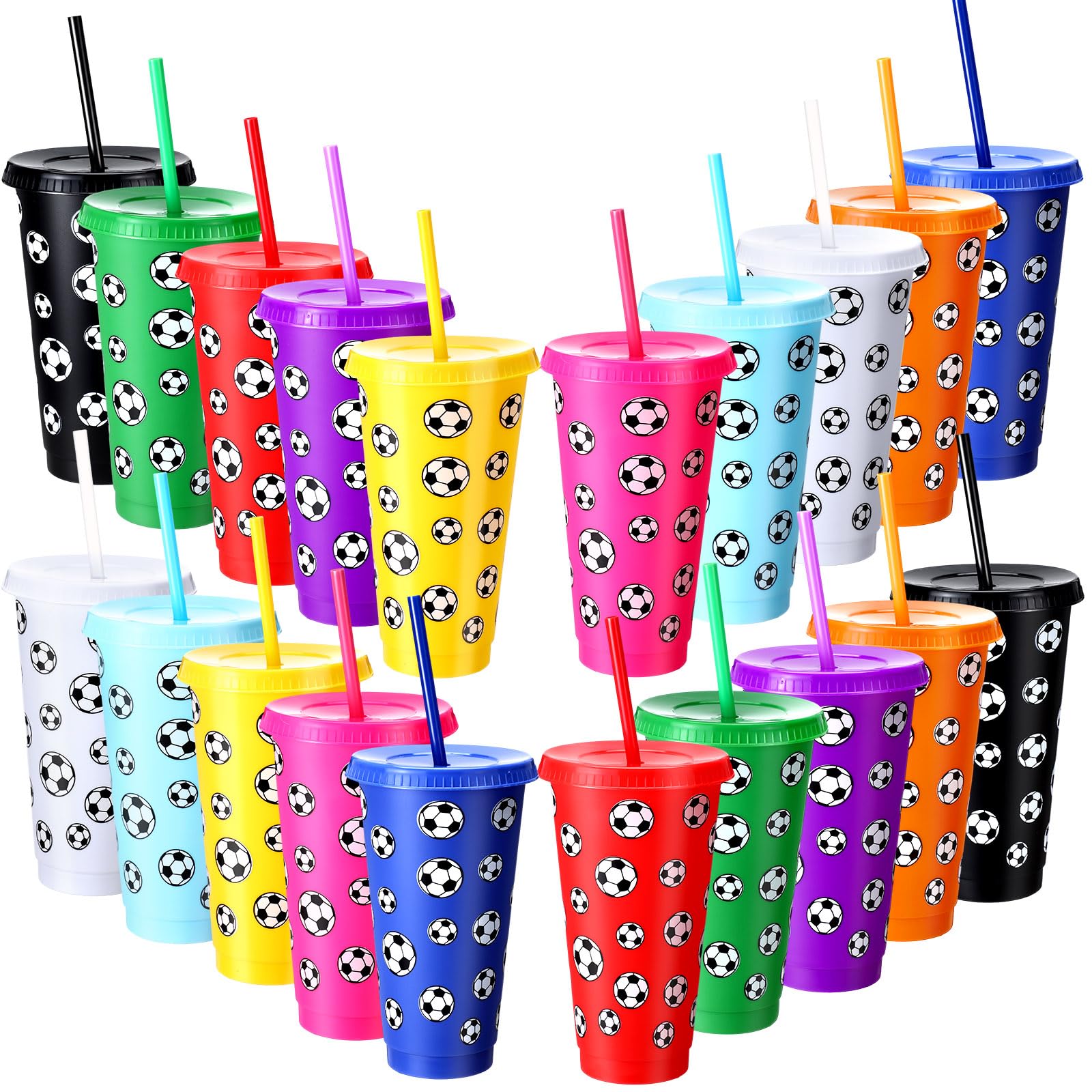 Potchen 20 Pcs Soccer Plastic Tumbler with Lid and Straw Christmas Cup Gift 24 oz Cups Reusable Sports Ball Plastic Cups for Soc