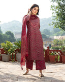 Anni Designer Women'S Cotton Blend Straight Printed Kurta With Pant & Dupatta (Bc Maroon_4Xl_Maroon_Xxxx-Large),Maroon,4XL,Cotton Blend,Regular,