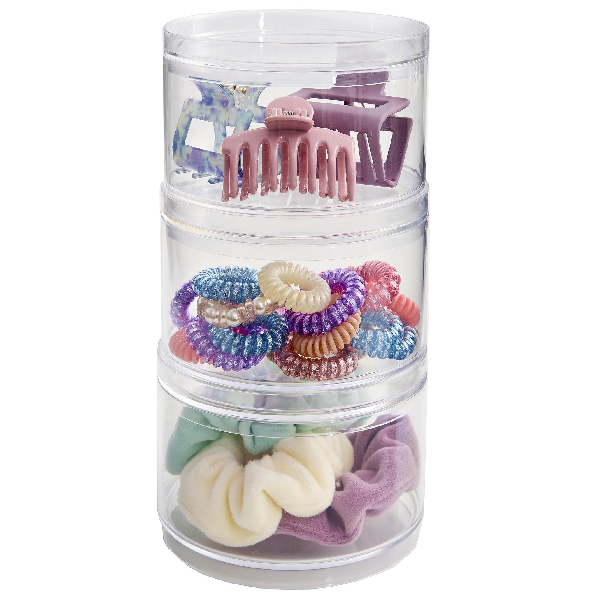 STORi Bella Stackable Clear Plastic Container (Set of 3) Round Vanity Storage Organizers with Lids for Hair Accessories & Beauty