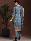 Libas Womens Printed Crepe Straight Kurta With Trousers And Dupatta Grey S