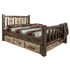 Montana Woodworks Homestead Collection King Storage Bed With Laser Engraved Bear Design, Stain & Clear Lacquer Finish
