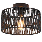 Hchunqjor Coastal Black Woven Flush Mount Light Fixture Rustic Industrial Hemp Rope Round Flush Mount Ceiling Light for Hallway 