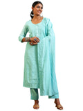 Libas Womens Embroidered Silk Blend Straight Kurta With Palazzos And Dupatta