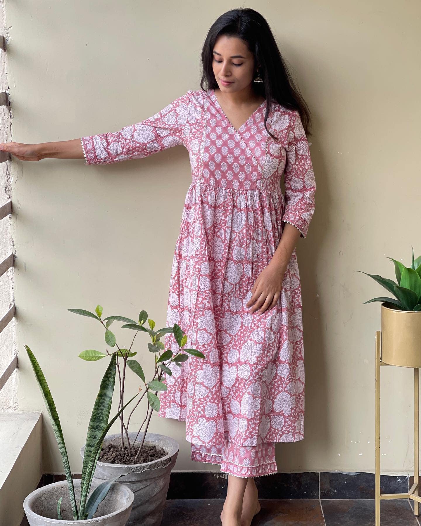 Anni Designer Women'S Cotton Blend Beautiful Printed Stylish Anarkali Kurta With Pant (Devina Multi_L_Pink_Large),Pink,L,Cotton Blend,Anarkali,Kurta & Pant Set