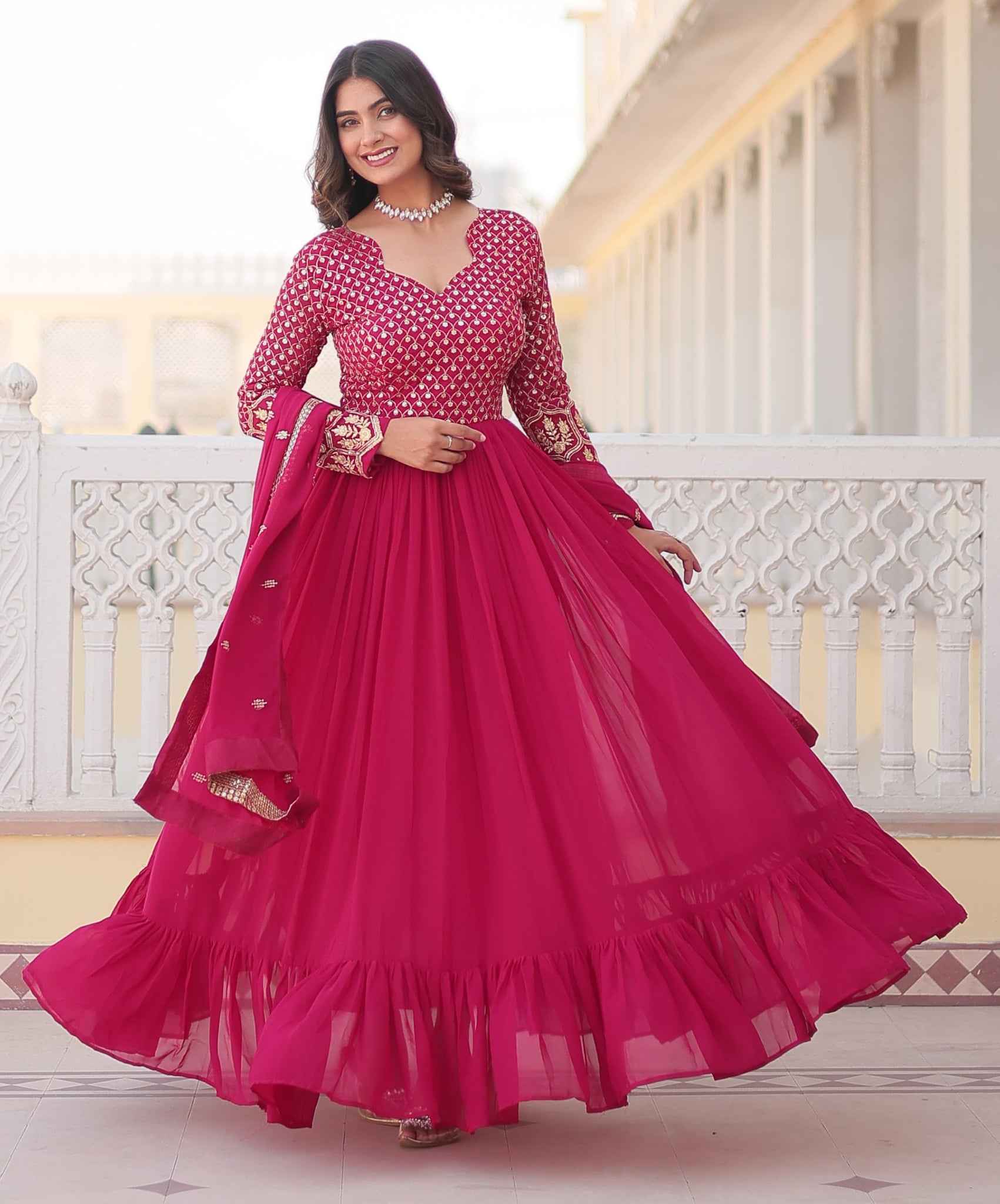 Fashion Basket Women'S Georgette Anarkali Kurta Set With Duptta For Women (In, Alpha, 2Xl, Regular, Pink)