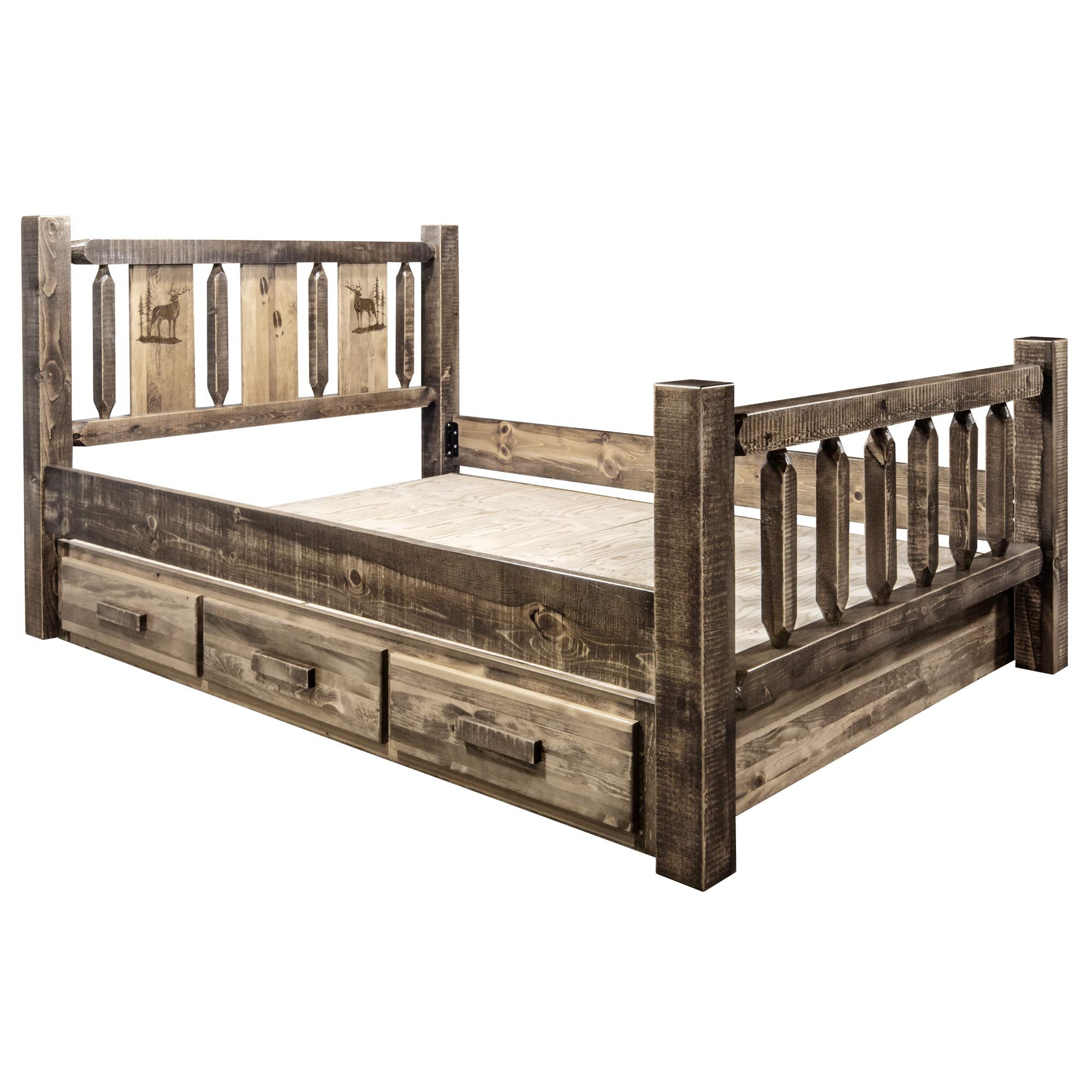 Montana Woodworks Homestead Collection California King Storage Bed With Laser Engraved Elk Design, Stain & Clear Lacquer Finish