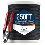 1/8 T316 Stainless Steel Cable, Electroplated Black Aircraft Cable for Deck Railing, 7x7 Strand Core, 250FT, Come with Cutter