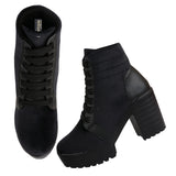 Shoetopia Women Black Block Heeled Lace Up Boot,Black,5,B09NC53YGN