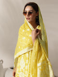 Yellow Floral Woven Design Straight Kurta & Wide Leg Solid Trouser With Woven Dupatta Yellow M