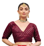 Pujia Mills Womens Fancy Readymade Half Sleeve Sequins Saree Blouse (Maroon, 36)