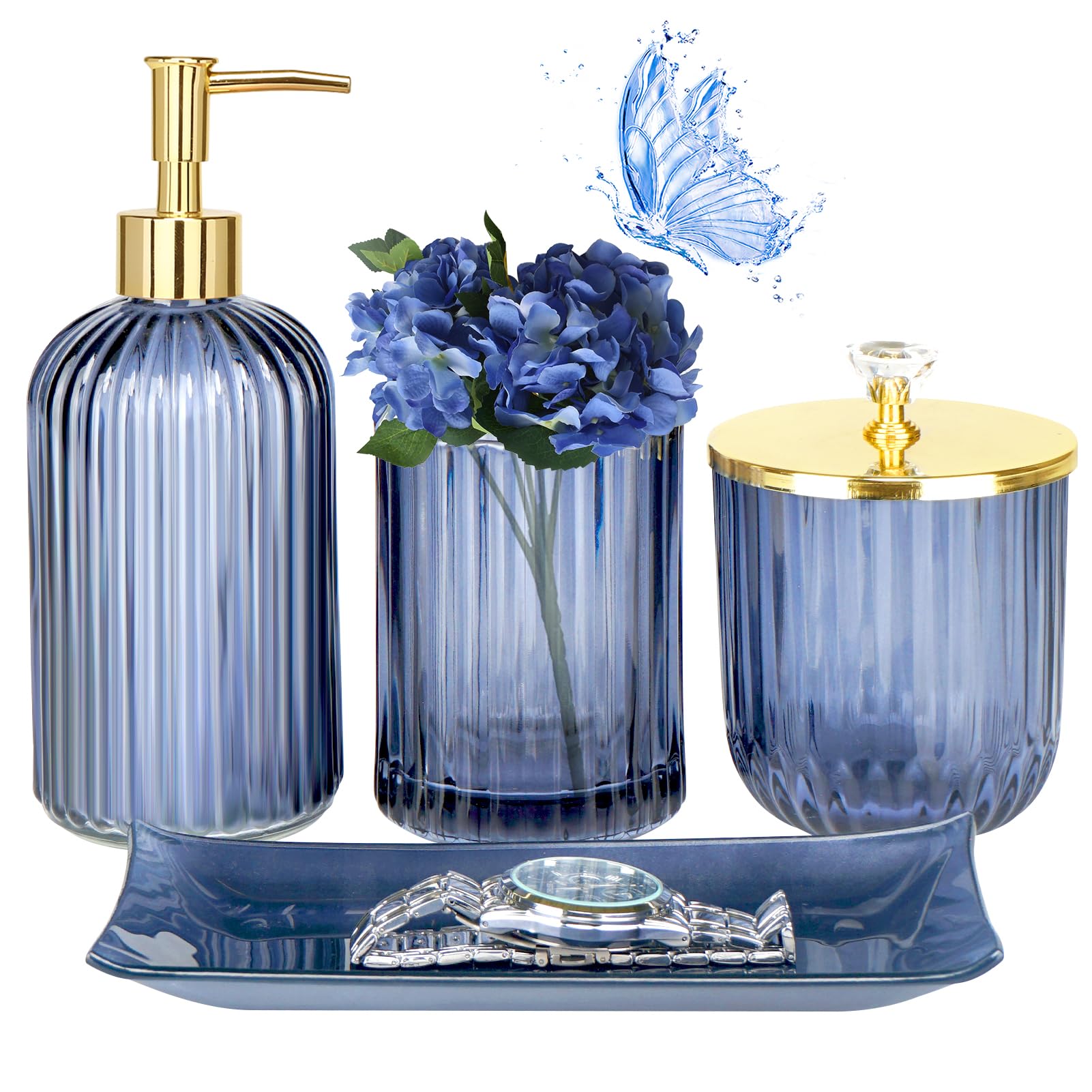Jenseits Blue Bathroom Accessories, 4 Pcs Glass Bathroom Set Complete Includes Soap Dispenser, Toothbrush Holder, Apothecary Jar