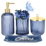 Jenseits Blue Bathroom Accessories, 4 Pcs Glass Bathroom Set Complete Includes Soap Dispenser, Toothbrush Holder, Apothecary Jar