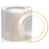 FOCUSLINE 100 Count Clear Gold Plastic Plates 7 Inch, Disposable Heavy Duty Clear Plates with Gold Rim, Premium Hard Plastic Pla