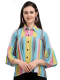 Wedani Women'S Casual Bell Sleeves Colour Block Women'S Multicolour Top Blue,Blue,L
