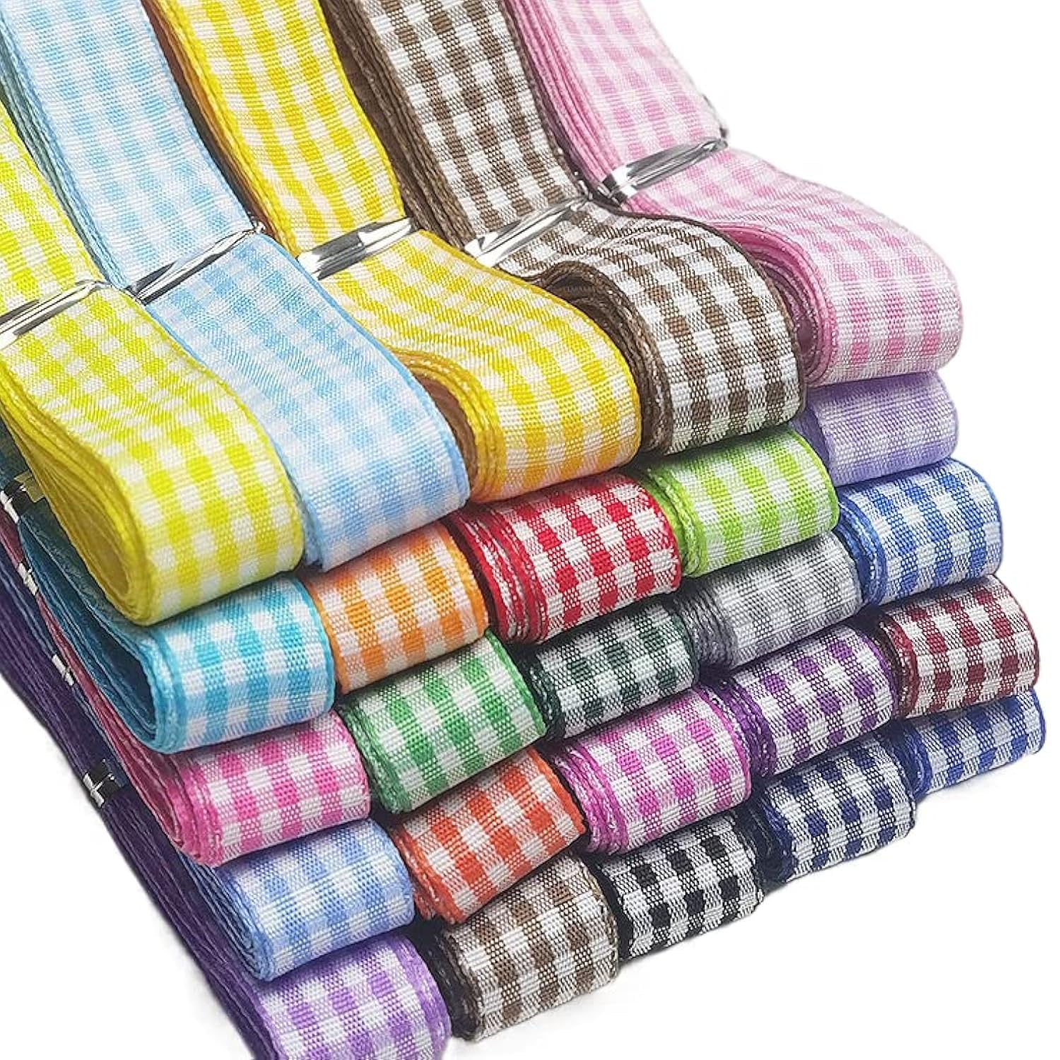 Libiline 50yards 15mm 5/8 Assorted Lots 25 Colors Gingham Ribbon Craft DIY Gift Packing Hair Bow Accessory (5/8, Multi-Colored)