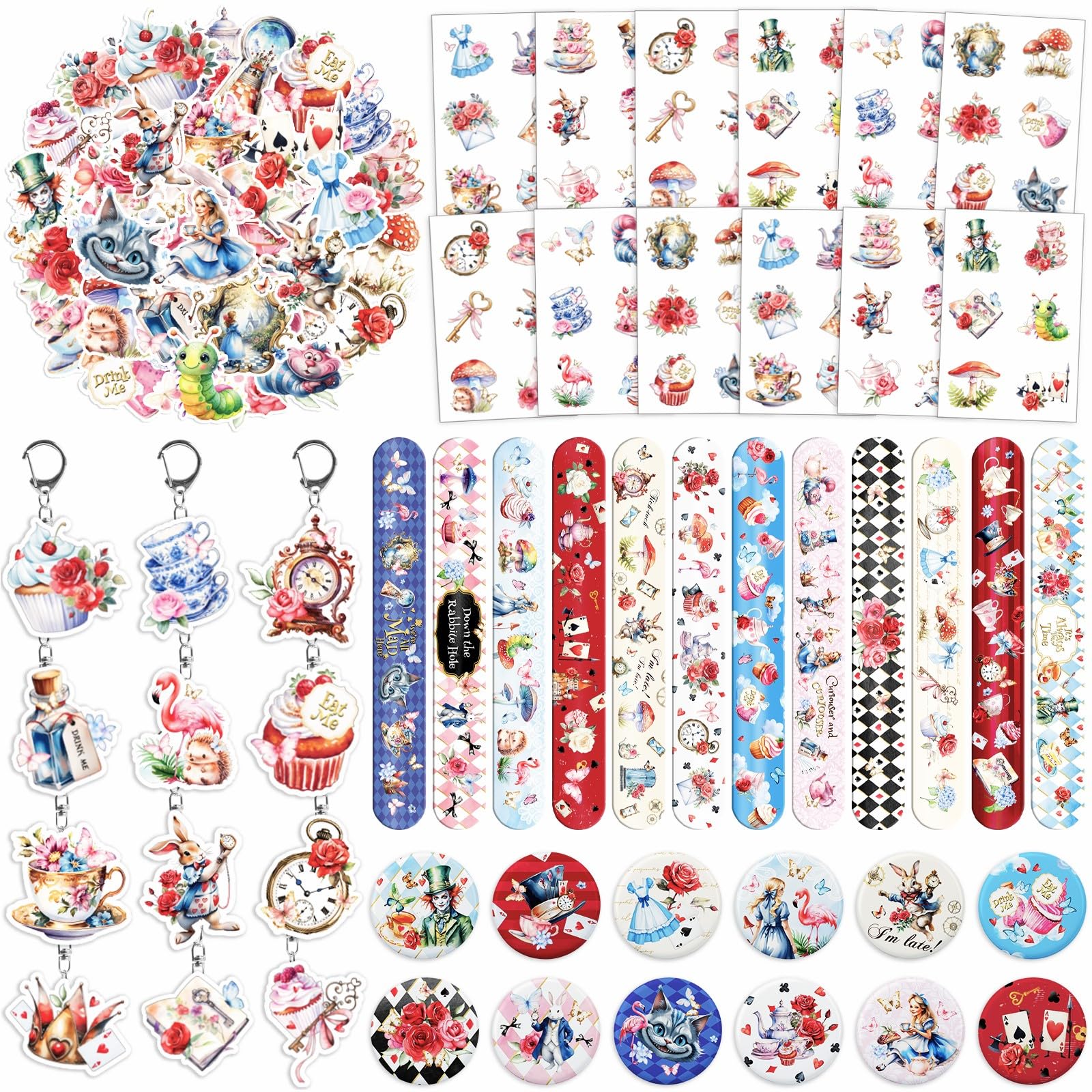 Alice in Wonderland Party Favors for Kids - 98PCS Birthday Gift Set with Bracelets, Keychains, Tattoos, Stickers & Pins, Mad Hat