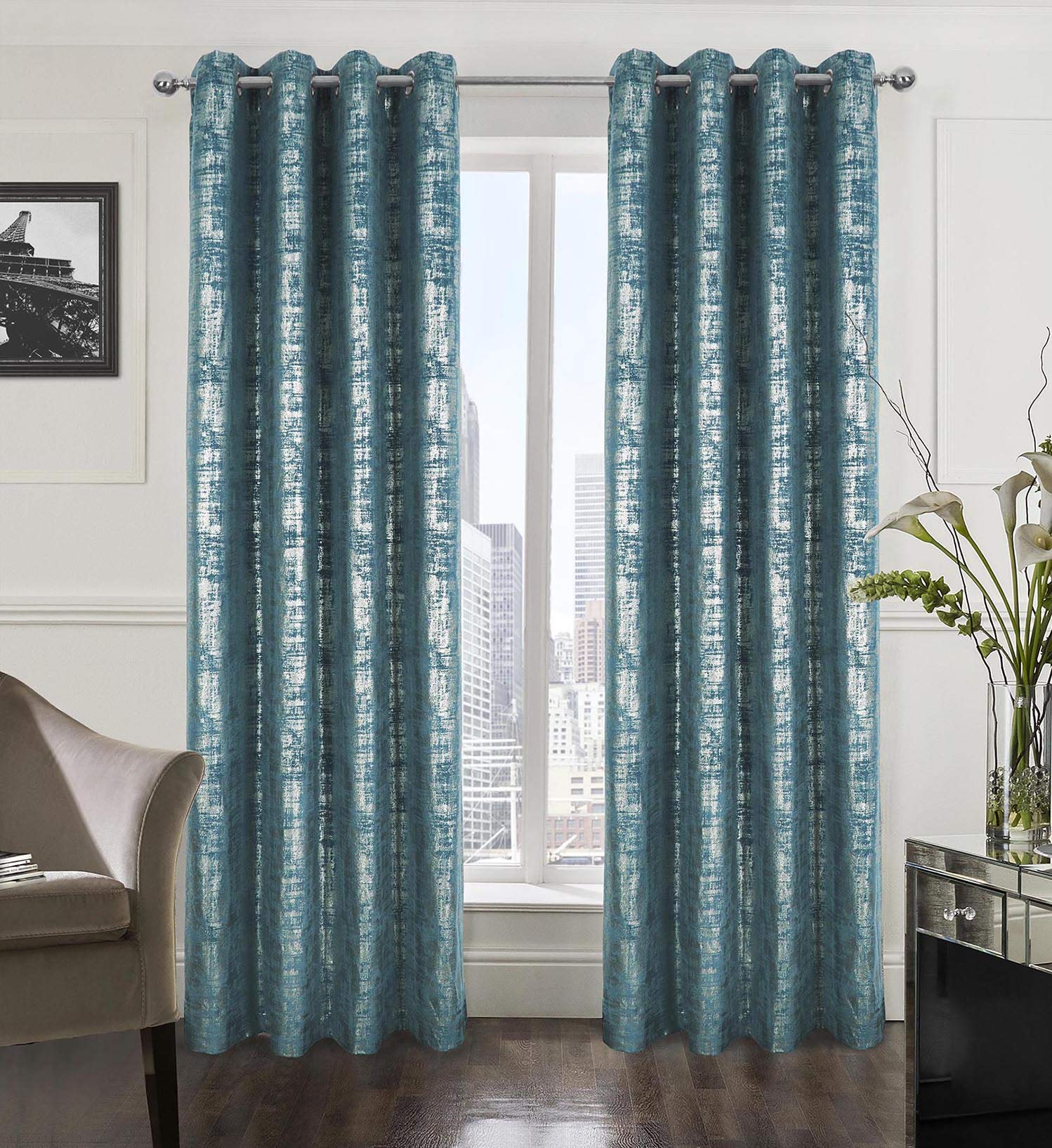 Always4U Soft Velvet Curtains 84 Inch Length Luxury Bedroom Curtains Silver Foil Print Window Curtains For Living Room Set Of 2 