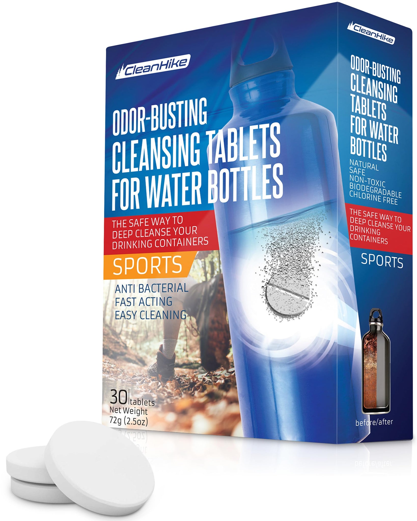 Tumbler Water Bottle Cleaning Tablets - All Natural Ingredient, Great For All Stainless, Plastics, Ceramic And Glass Drinking Containers, Individually Packed (30 Count),Sports Water Bottle Accessories