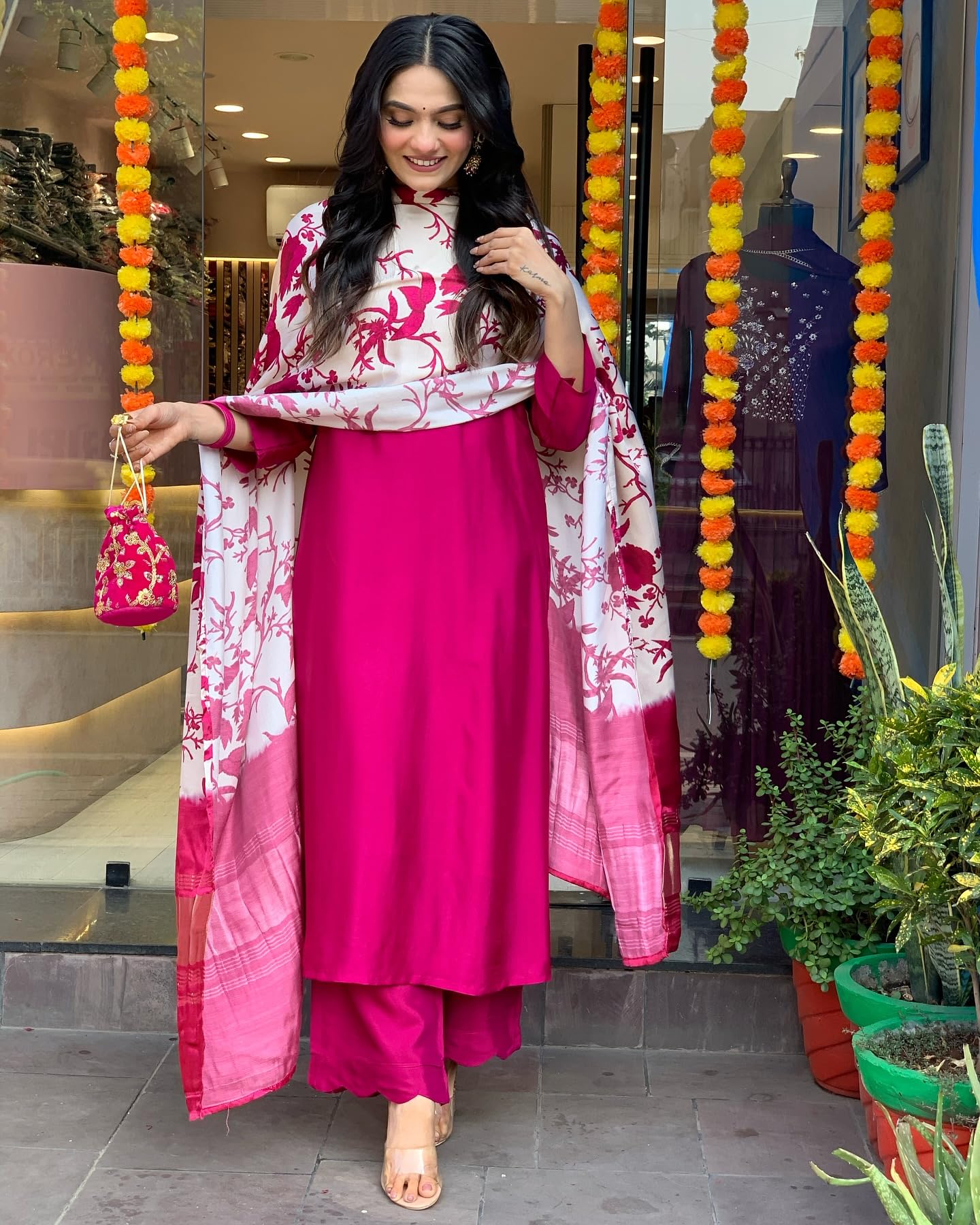 Anni Designer Women'S Rayon Viscose Printed Straight Kurta With Pant & Dupatta (Kapasa Pink_M_Pink_Medium),Pink,M,Rayon Blend,Classic,