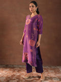 Libas Womens Printed Silk Blend Straight Kurta With Trousers And Dupatta Purple Xl