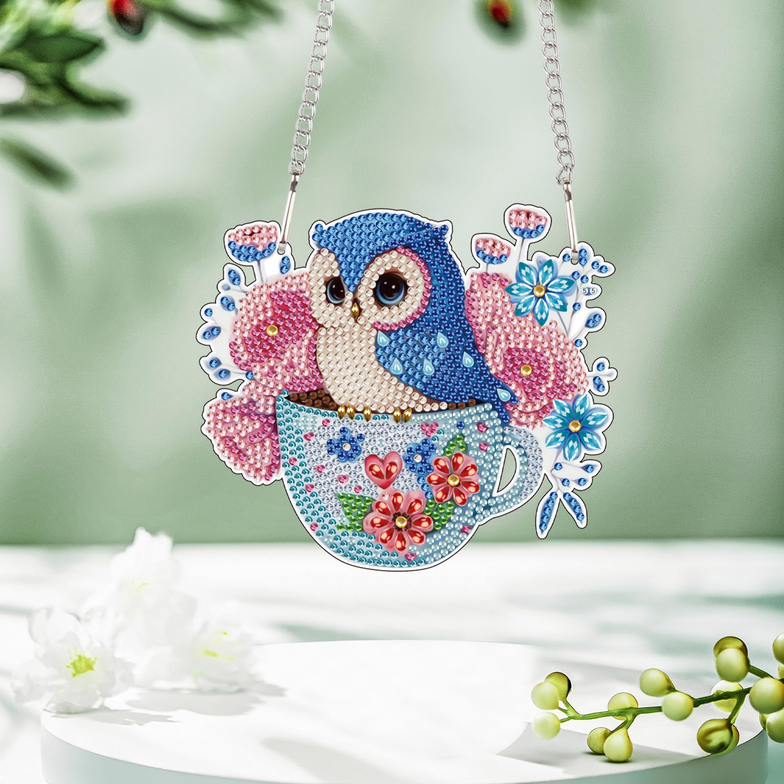 Diamond Art Painting Hanging Pendant, DIY Owl on a teacup 5D Special Shape Crystal Diamond Art Partial Mosaic Making Craft Wreat