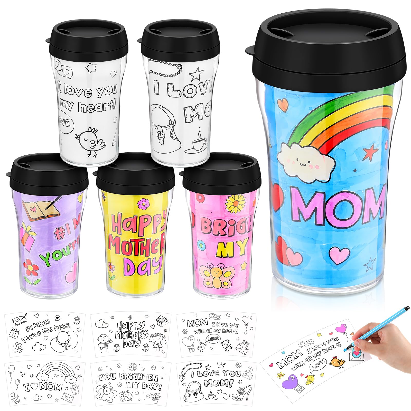 Yiyiring Set of 24 Mothers Day DIY Color Your Own Cups 10 oz Coloring Cups for Kids Color Your Own Plastic Mugs for Kids Party 