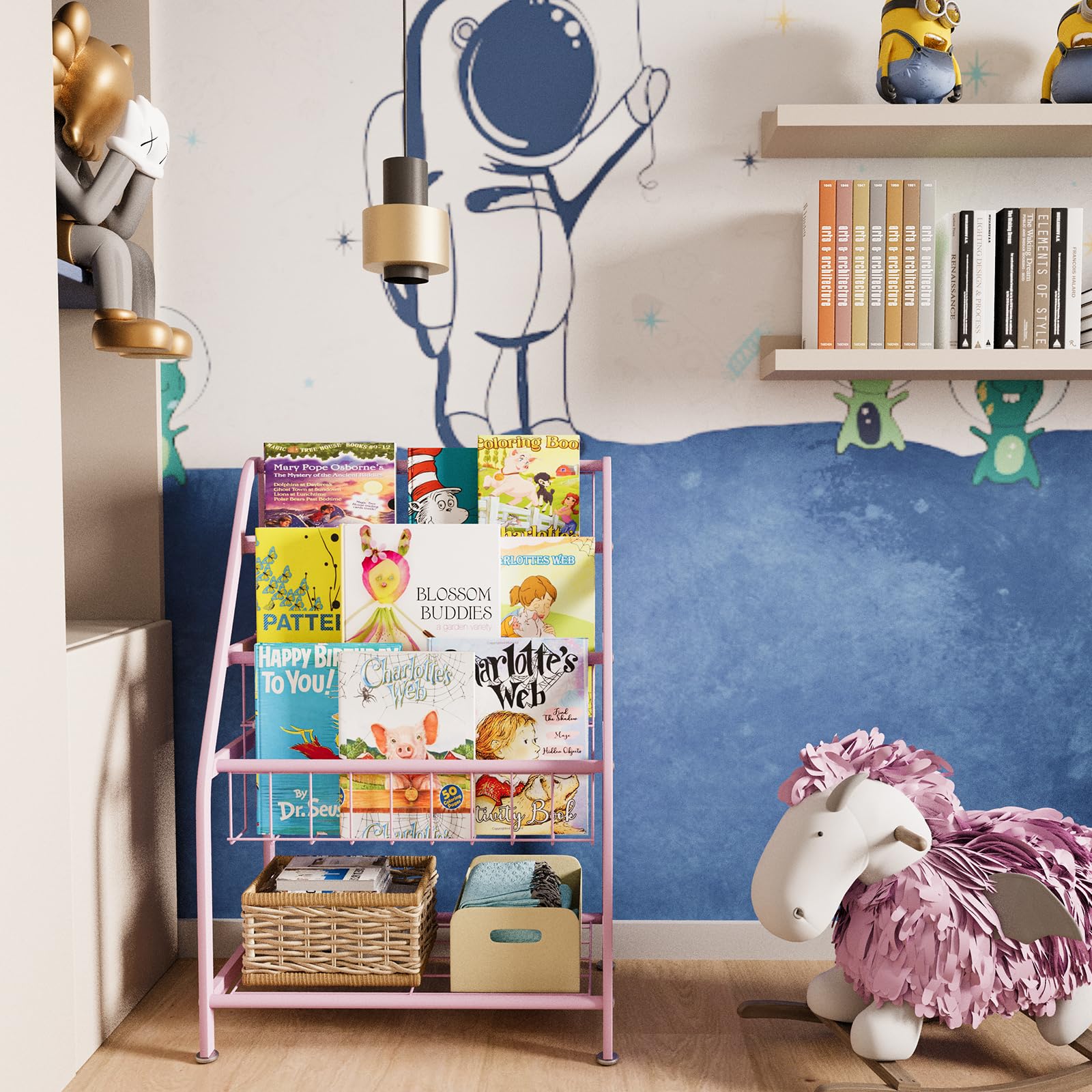 aboxoo Kids Bookshelf Small Toddler Freestanding for Children Room 18 inches Metal Bookcase Toy Organizer Pink Stable Bookcase B