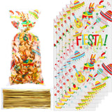 100 Piece Mexican Fiesta Cellophane Treat Bags - Cinco De Mayo Themed Party Favor Bags with 100 Gold Twist Ties for Fiesta Mexic