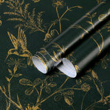 Safiyya Blackish Dark Green and Gold Wallpaper Floral Bird Peel and Stick Wallpaper for Bedroom Self Adhesive Contact Paper Vint