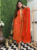 Anni Designer Women'S Rayon Blend Straight Bandhej Printed Kurta With Pant & Dupatta (Turae Orange_L_Orange_Large),Orange,L,Rayon Blend,Classic,