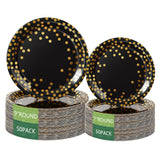 Round Disposable Paper Plates for All Occasions Golden Dots Paper Plates - 100 Pack - 50 x 9 and 50 x 7 Foil Polka Dots Disposab